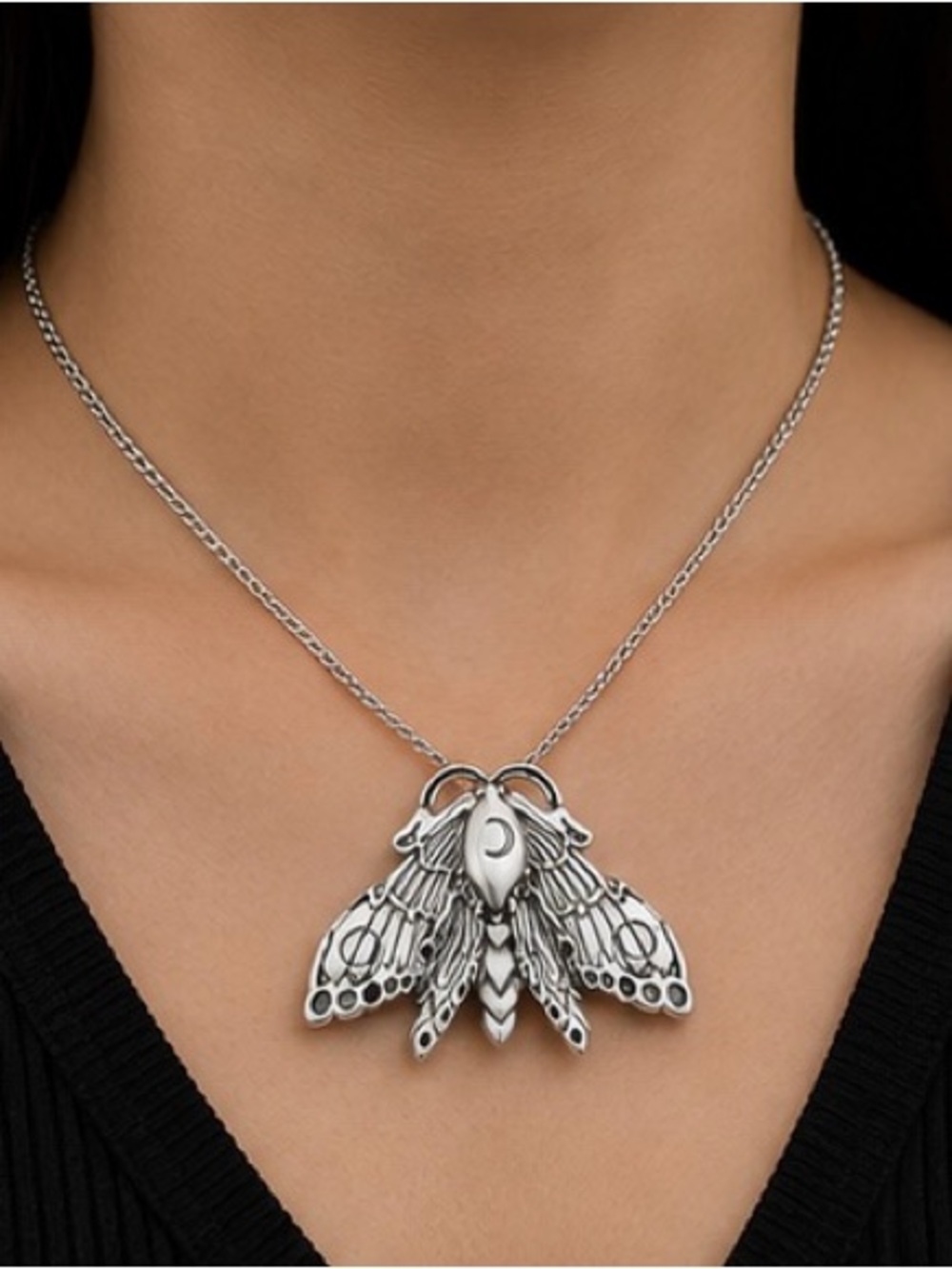 Luna Moth Pendant Necklace | Silver Gothic Moth Necklace | Celestial Moon Jewelr